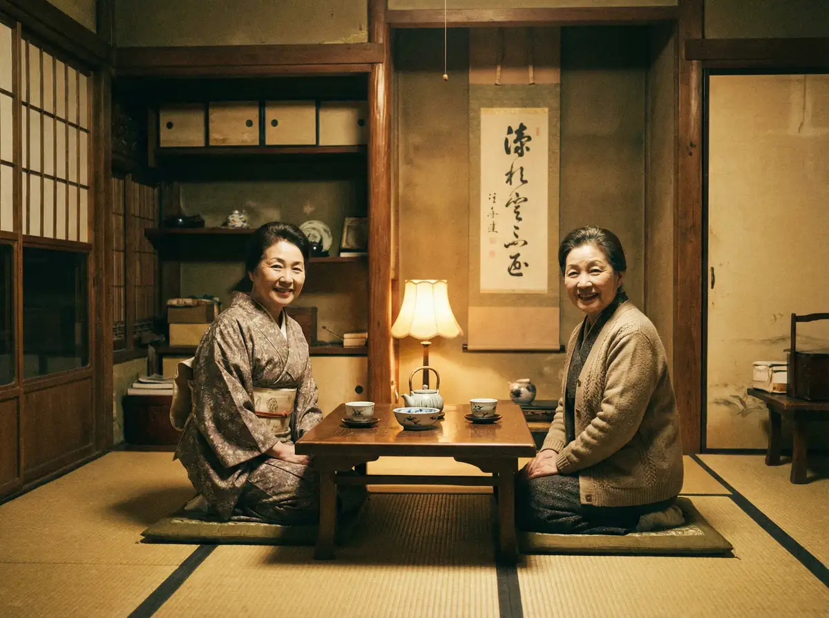 两位优雅的 闫凤娇第一季 在日式茶室中品茶交谈